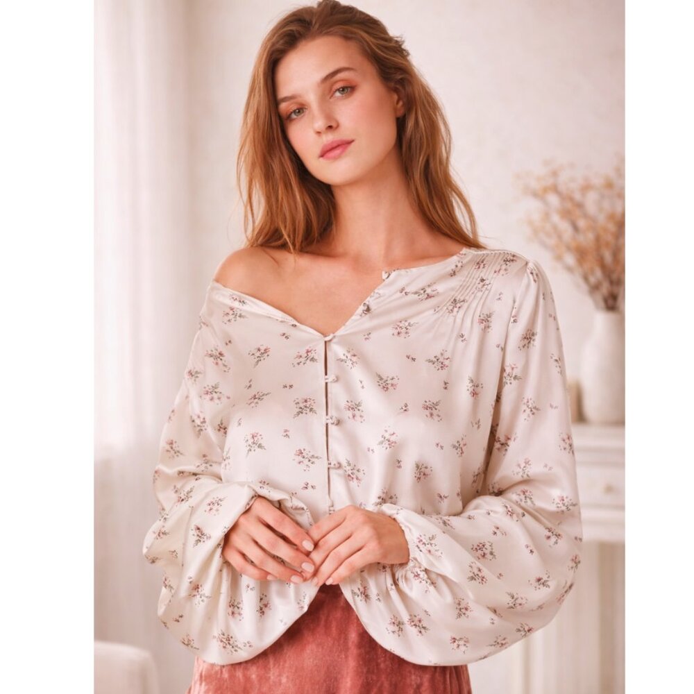 LoveShackFancy Cream Floral Off-Shoulder Blouse